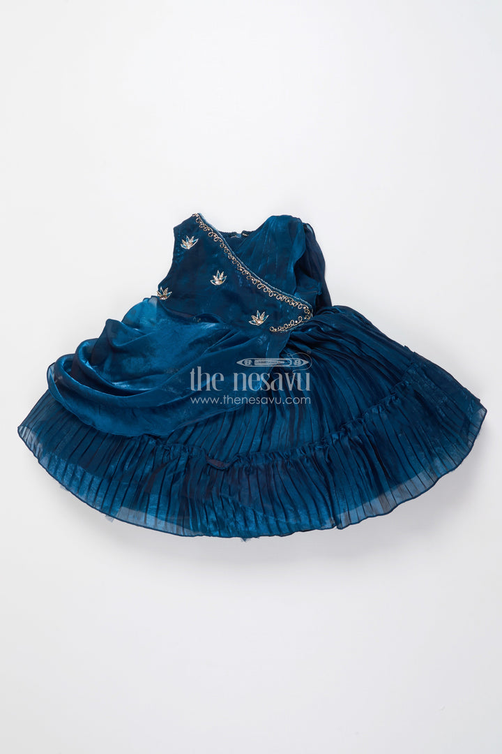 The Nesavu Girls Fancy Party Frock Girls Pleated Glaze Organza Party Frock with Floral Shoulder Bow Premium Festive Wear Nesavu Nesavu pleated glaze organza party frock shoulder bow girls occasion wear