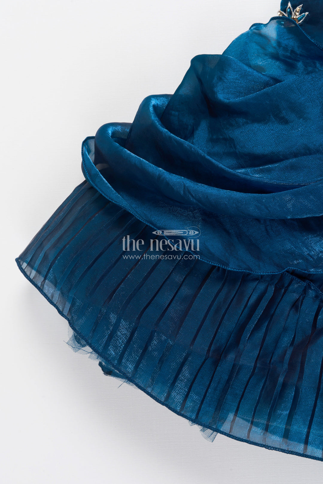 The Nesavu Girls Fancy Party Frock Girls Pleated Glaze Organza Party Frock with Floral Shoulder Bow Premium Festive Wear Nesavu Nesavu pleated glaze organza party frock shoulder bow girls occasion wear