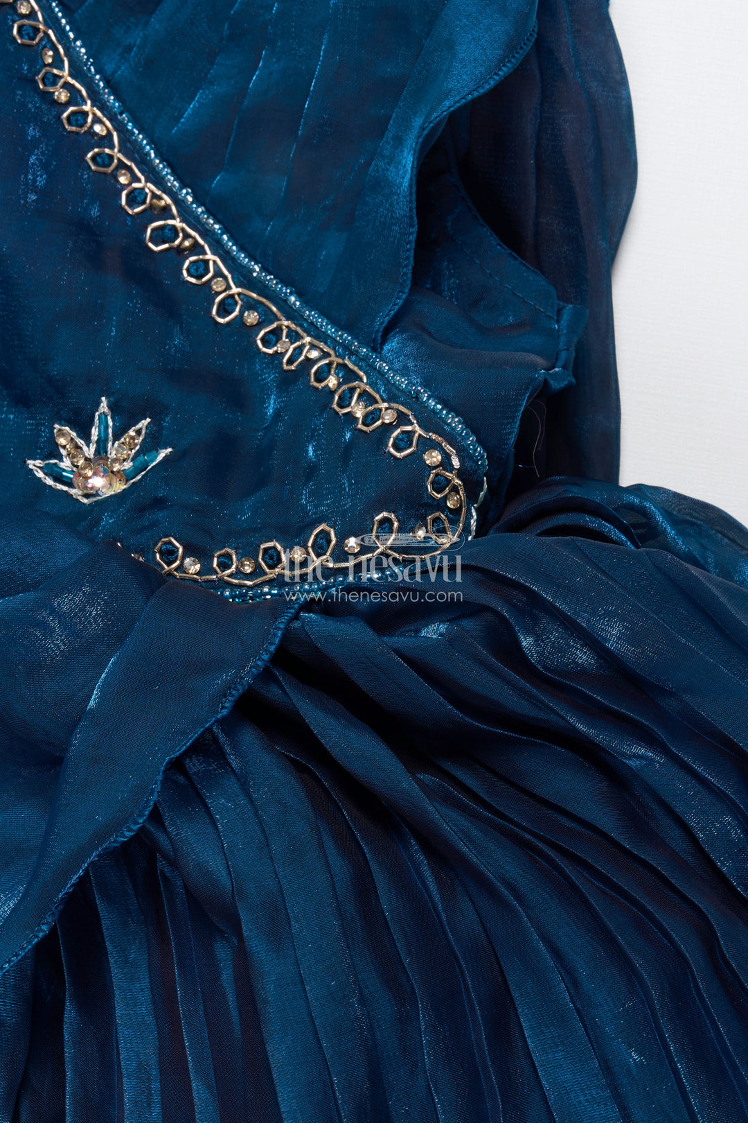 The Nesavu Girls Fancy Party Frock Girls Pleated Glaze Organza Party Frock with Floral Shoulder Bow Premium Festive Wear Nesavu Nesavu pleated glaze organza party frock shoulder bow girls occasion wear