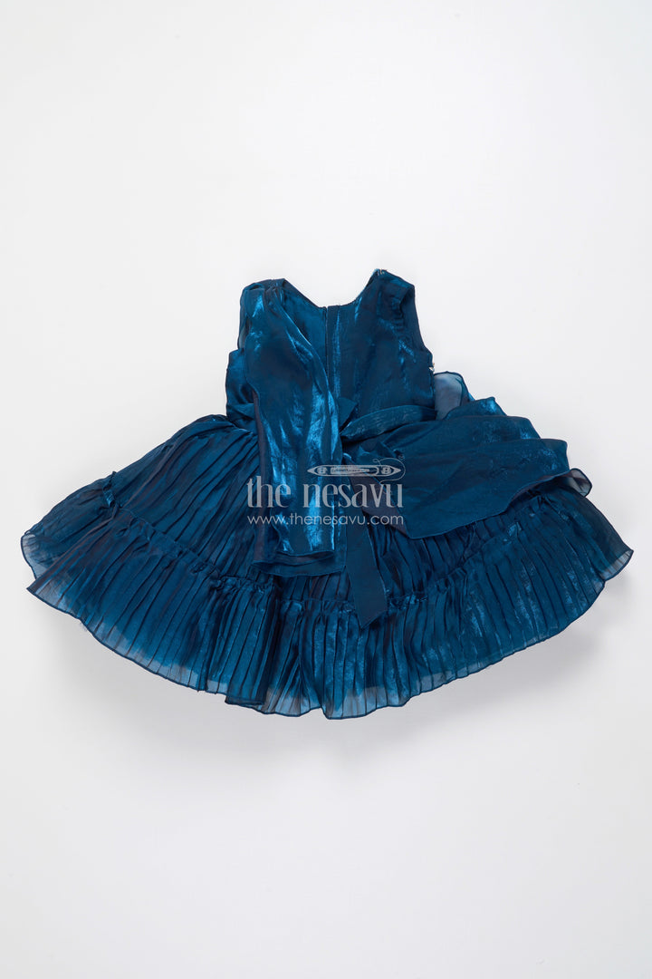 The Nesavu Girls Fancy Party Frock Girls Pleated Glaze Organza Party Frock with Floral Shoulder Bow Premium Festive Wear Nesavu Nesavu pleated glaze organza party frock shoulder bow girls occasion wear