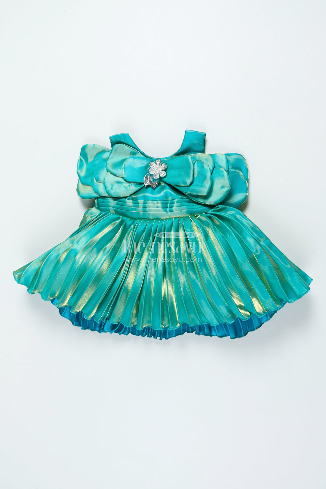 The Nesavu Girls Fancy Party Frock Girls Pleated Satin Organza Frock with Statement Bow Special Occasion Outfit Nesavu 16 (1Y) / Green PF262B-16 Nesavu girls satin organza party frock pleats bow festive wear