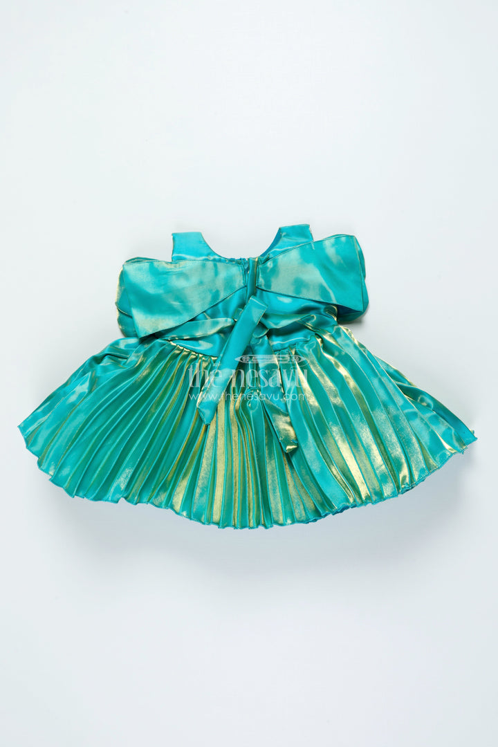 The Nesavu Girls Fancy Party Frock Girls Pleated Satin Organza Frock with Statement Bow Special Occasion Outfit Nesavu Nesavu girls satin organza party frock pleats bow festive wear
