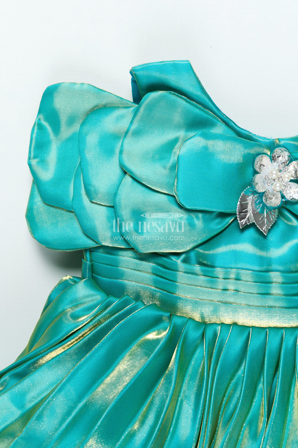 The Nesavu Girls Fancy Party Frock Girls Pleated Satin Organza Frock with Statement Bow Special Occasion Outfit Nesavu Nesavu girls satin organza party frock pleats bow festive wear