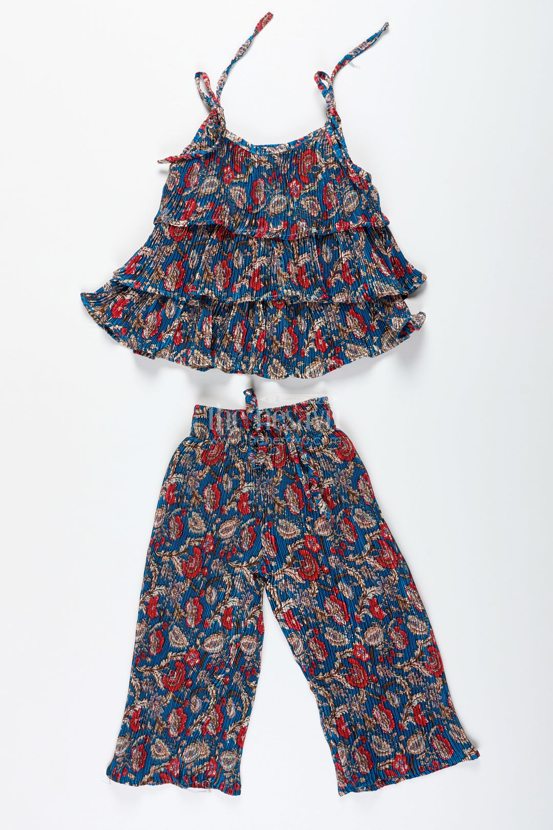 The Nesavu Girls Co-Ord Sets Girls Pleated Sharara Set in Blue Chinon for Festive Family Functions Nesavu 20 (3Y) / Blue GPS731A-20 Nesavu Girls Blue Sharara Set Frill Top Pleated Chinon Outfit Festive Occasions
