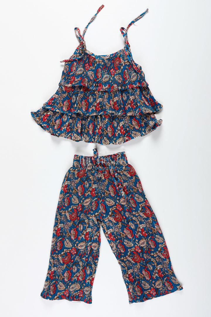The Nesavu Girls Co-Ord Sets Girls Pleated Sharara Set in Blue Chinon for Festive Family Functions Nesavu 20 (3Y) / Blue GPS731A-20 Nesavu Girls Blue Sharara Set Frill Top Pleated Chinon Outfit Festive Occasions