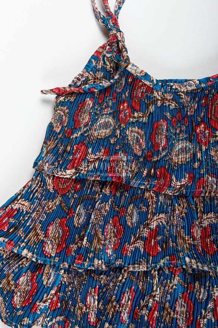 The Nesavu Girls Co-Ord Sets Girls Pleated Sharara Set in Blue Chinon for Festive Family Functions Nesavu Nesavu Girls Blue Sharara Set Frill Top Pleated Chinon Outfit Festive Occasions