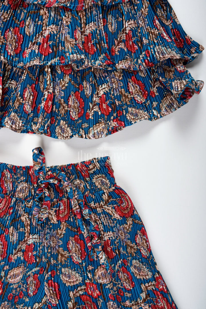 The Nesavu Girls Co-Ord Sets Girls Pleated Sharara Set in Blue Chinon for Festive Family Functions Nesavu Nesavu Girls Blue Sharara Set Frill Top Pleated Chinon Outfit Festive Occasions