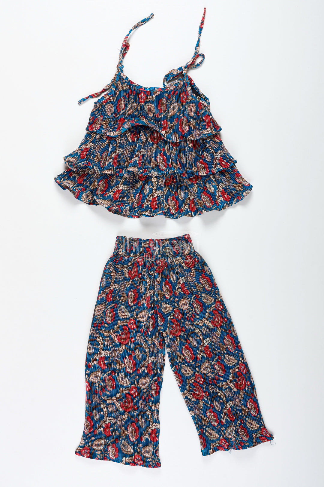 The Nesavu Girls Co-Ord Sets Girls Pleated Sharara Set in Blue Chinon for Festive Family Functions Nesavu Nesavu Girls Blue Sharara Set Frill Top Pleated Chinon Outfit Festive Occasions