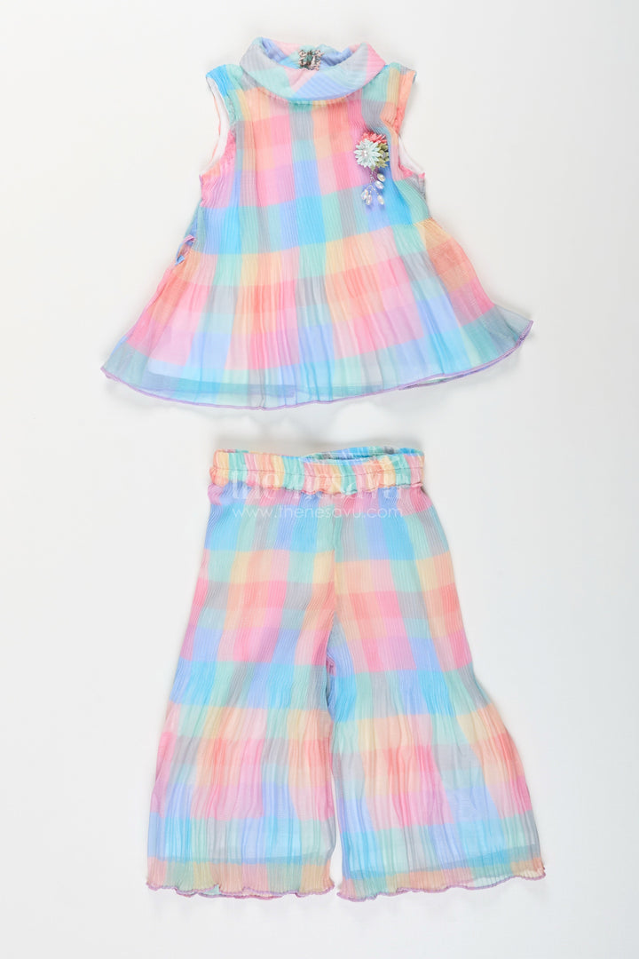The Nesavu Girls Casual Set Girls pleated top and pant set for casual summer styling Nesavu Nesavu girls pleated georgette top pant set  colorful casual outfit summer outings