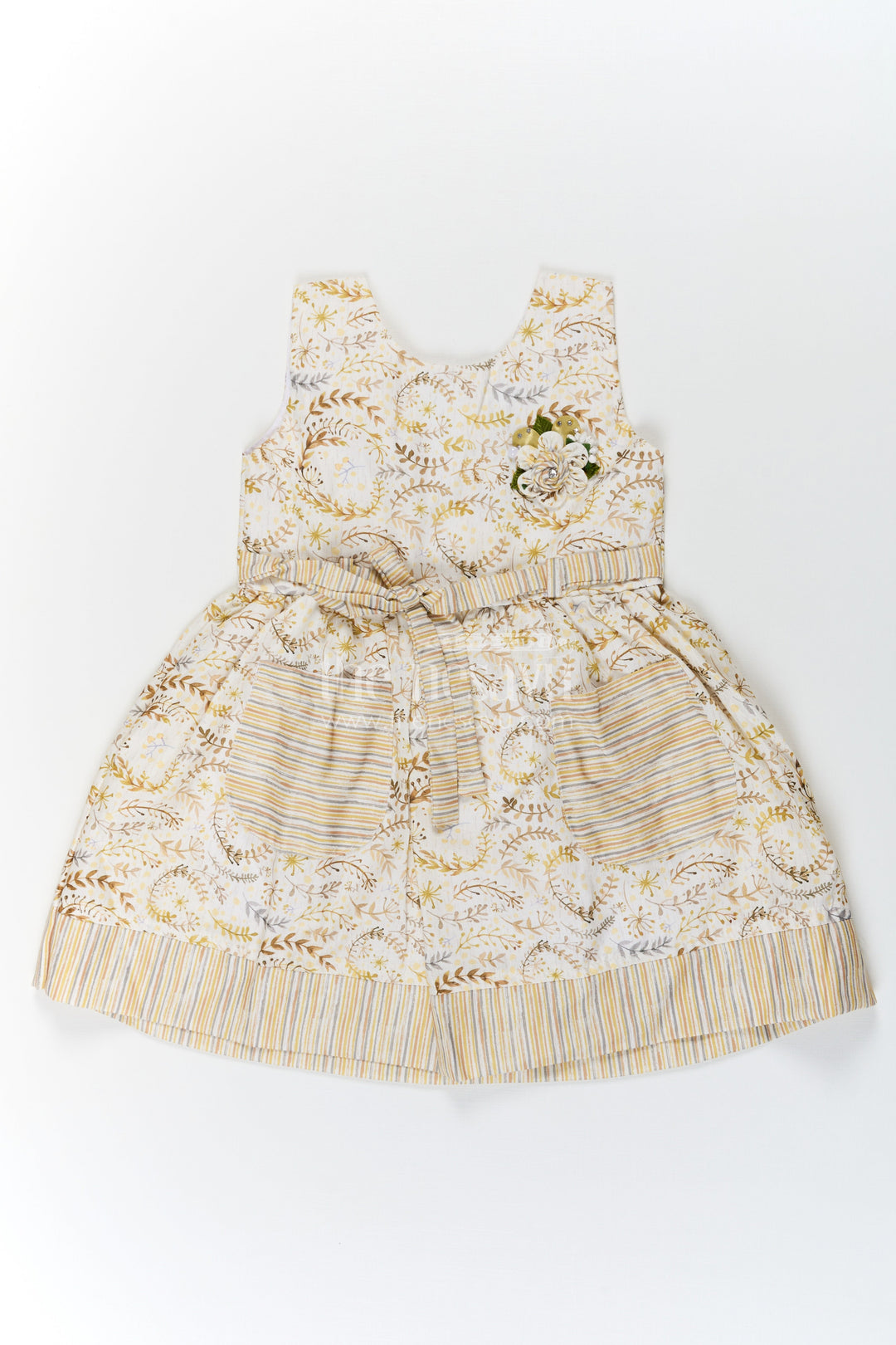 The Nesavu Girls Cotton Frock Girls Pocket Frocks in Flax Cotton with Yellow Floral Print and Bow Belt with Striped Details Nesavu 22 (4Y) / Green GFC1678A-22 Girls Pocket Frocks Yellow Floral Flax Cotton Bow Belt Striped Hem | The Nesavu
