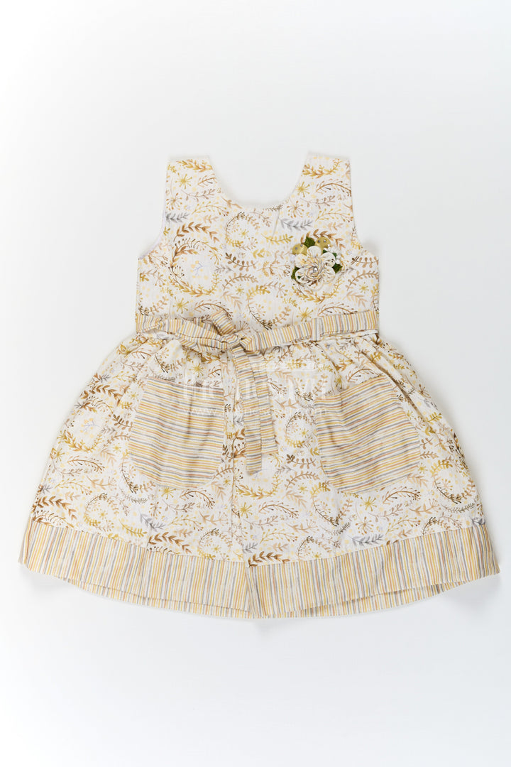 The Nesavu Girls Cotton Frock Girls Pocket Frocks in Flax Cotton with Yellow Floral Print and Bow Belt with Striped Details Nesavu 22 (4Y) / Green GFC1678A-22 Girls Pocket Frocks Yellow Floral Flax Cotton Bow Belt Striped Hem | The Nesavu