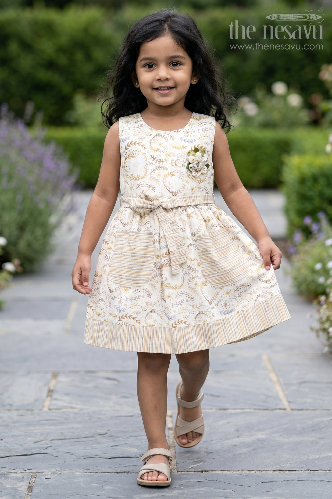 The Nesavu Girls Cotton Frock Girls Pocket Frocks in Flax Cotton with Yellow Floral Print and Bow Belt with Striped Details Nesavu 22 (4Y) / Green GFC1678A-22 Girls Pocket Frocks Yellow Floral Flax Cotton Bow Belt Striped Hem | The Nesavu
