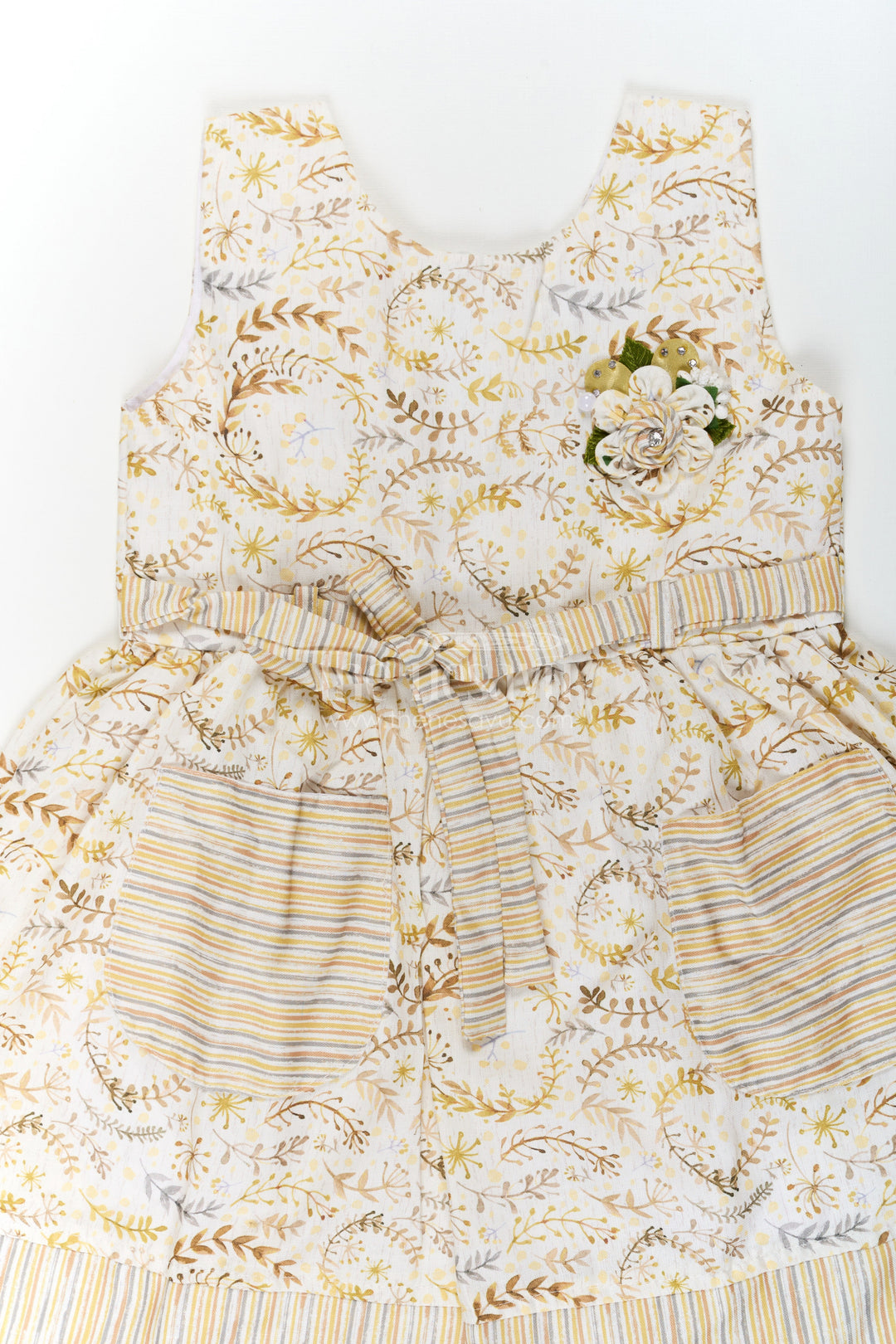 The Nesavu Girls Cotton Frock Girls Pocket Frocks in Flax Cotton with Yellow Floral Print and Bow Belt with Striped Details Nesavu Girls Pocket Frocks Yellow Floral Flax Cotton Bow Belt Striped Hem | The Nesavu