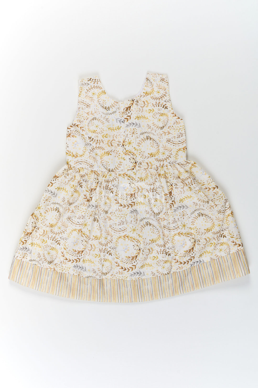 The Nesavu Girls Cotton Frock Girls Pocket Frocks in Flax Cotton with Yellow Floral Print and Bow Belt with Striped Details Nesavu Nesavu Girls Pocket Frocks Yellow Floral Flax Cotton Bow Belt Striped Hem