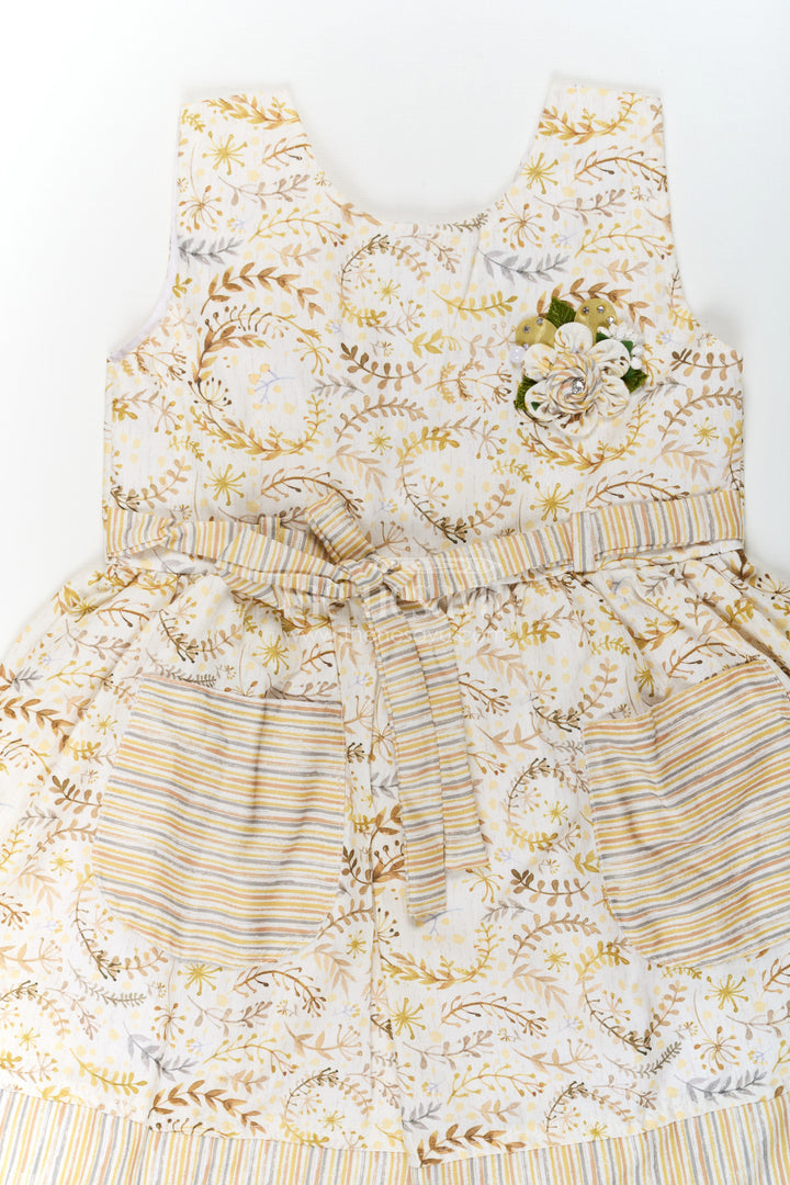 The Nesavu Girls Cotton Frock Girls Pocket Frocks in Flax Cotton with Yellow Floral Print and Bow Belt with Striped Details Nesavu Nesavu Girls Pocket Frocks Yellow Floral Flax Cotton Bow Belt Striped Hem