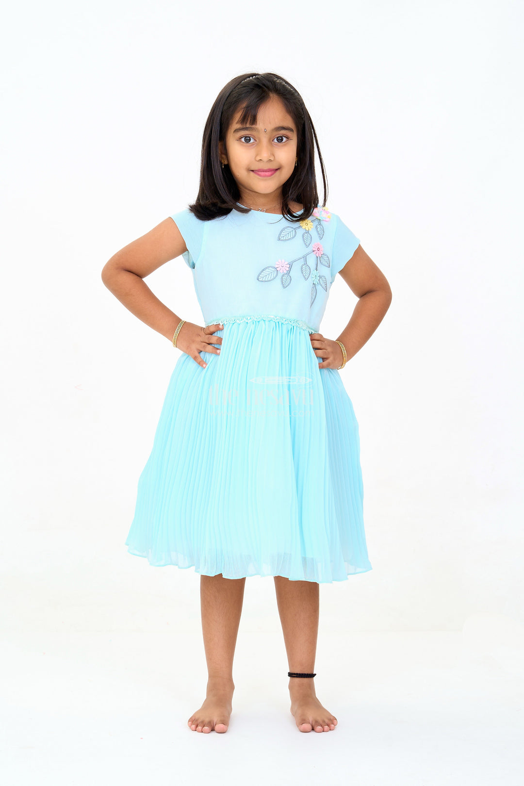 The Nesavu Girls Fancy Party Frock Girls Poly Georgette Frock in Aqua Blue with Floral Appliqué and Pleated Skirt Nesavu 16 (1Y) / Blue GFC1591B-16 Girls Poly Georgette Frock Aqua Blue Floral Appliqu Pleated Skirt | The Nesavu