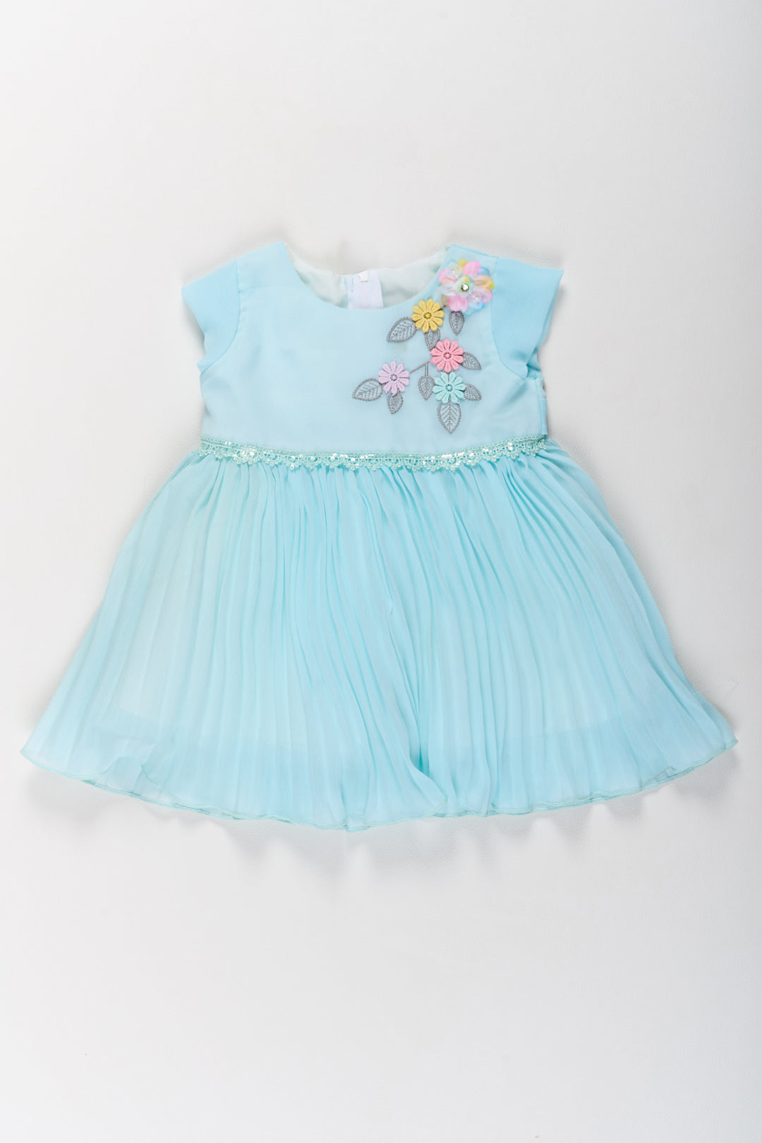 The Nesavu Girls Fancy Party Frock Girls Poly Georgette Frock in Aqua Blue with Floral Appliqué and Pleated Skirt Nesavu 16 (1Y) / Blue GFC1591B-16 Nesavu Girls Poly Georgette Frock Aqua Blue Floral Appliqu Pleated Skirt