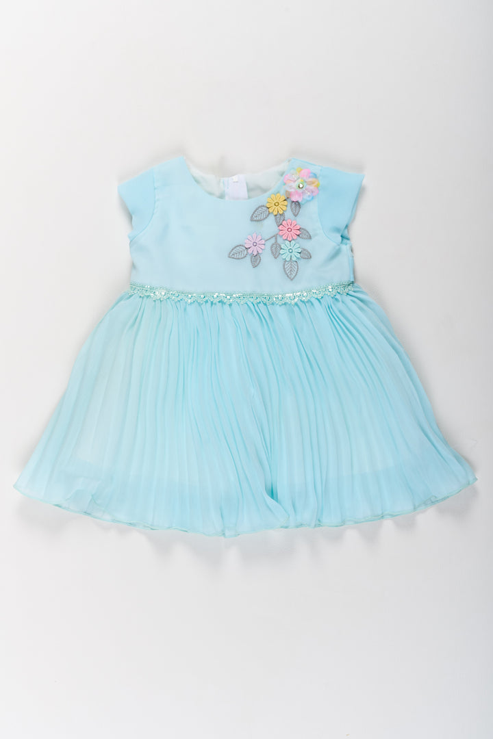 The Nesavu Girls Fancy Party Frock Girls Poly Georgette Frock in Aqua Blue with Floral Appliqué and Pleated Skirt Nesavu 16 (1Y) / Blue GFC1591B-16 Nesavu Girls Poly Georgette Frock Aqua Blue Floral Appliqu Pleated Skirt