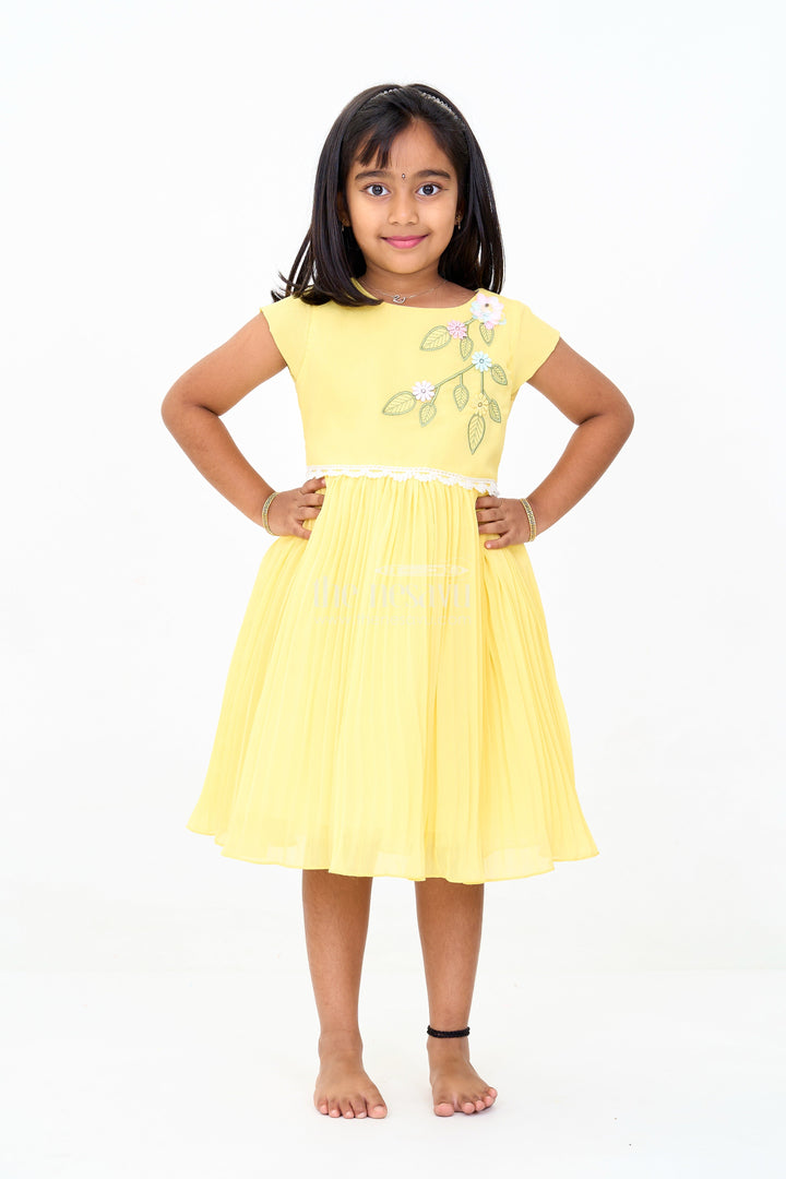 The Nesavu Girls Fancy Party Frock Girls Poly Georgette Frock in Sunshine Yellow with Floral Embellishments and Pleats Nesavu 16 (1Y) / Yellow GFC1591D-16 Girls Poly Georgette Frock Sunshine Yellow Floral Appliqu Weddings | The Nesavu