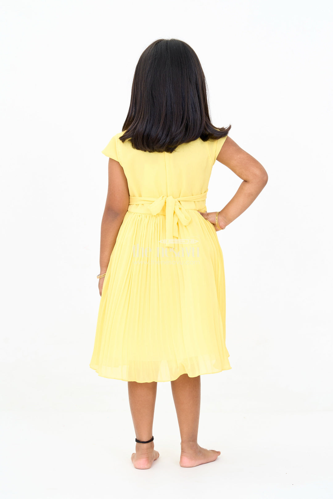 The Nesavu Girls Fancy Party Frock Girls Poly Georgette Frock in Sunshine Yellow with Floral Embellishments and Pleats Nesavu Girls Poly Georgette Frock Sunshine Yellow Floral Appliqu Weddings | The Nesavu