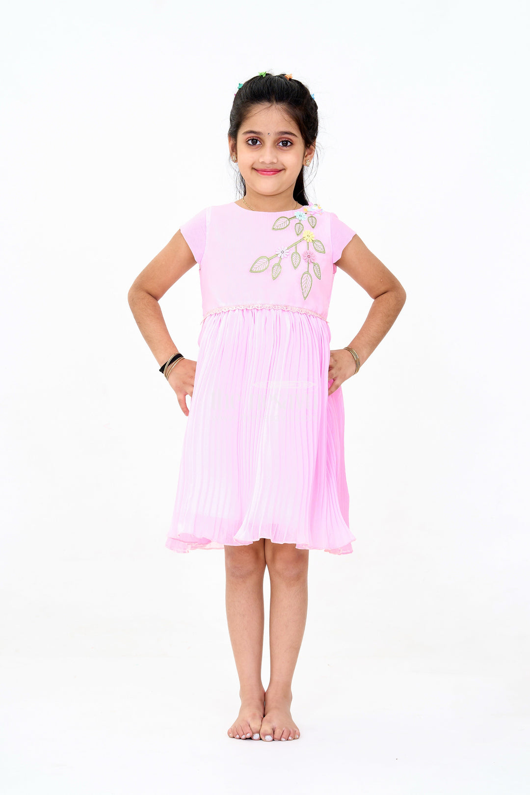 The Nesavu Girls Fancy Party Frock Girls Poly Georgette Party Frock in Baby Pink with Floral Embellishments and Lace Waist Nesavu 16 (1Y) / Pink GFC1591C-16 Girls Poly Georgette Long Party Frock Baby Pink Floral Embellishments | The Nesavu
