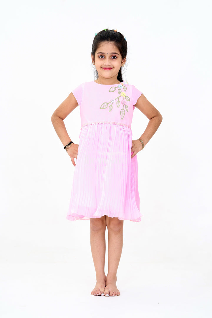 The Nesavu Girls Fancy Party Frock Girls Poly Georgette Party Frock in Baby Pink with Floral Embellishments and Lace Waist Nesavu 16 (1Y) / Pink GFC1591C-16 Girls Poly Georgette Long Party Frock Baby Pink Floral Embellishments | The Nesavu