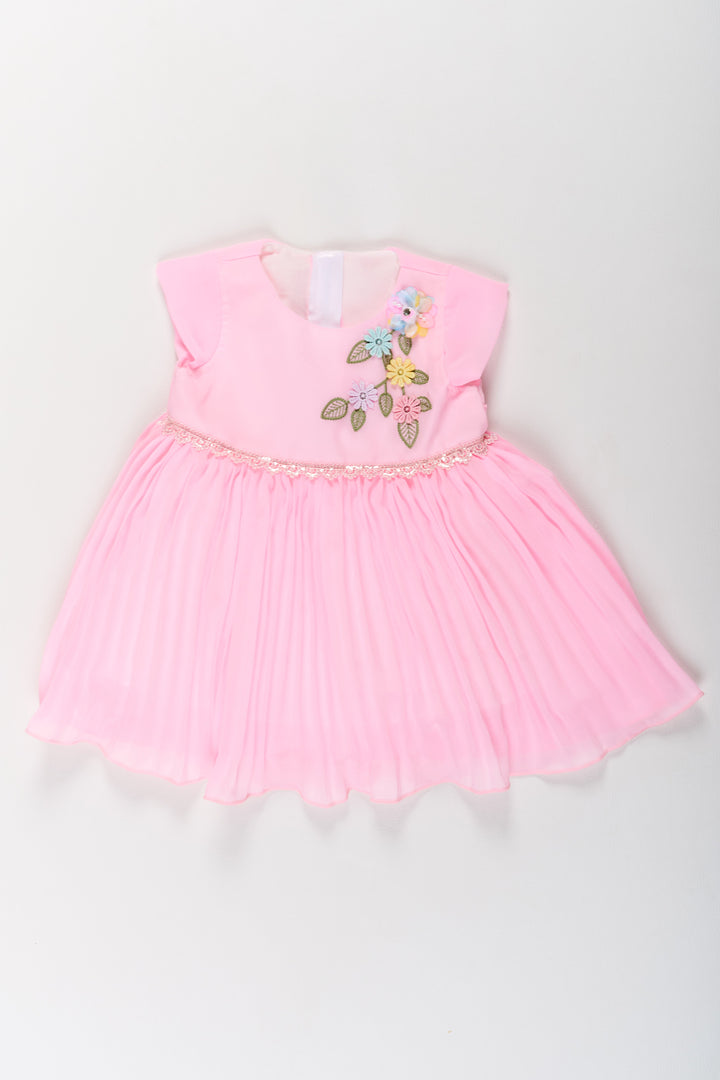 The Nesavu Girls Fancy Party Frock Girls Poly Georgette Party Frock in Baby Pink with Floral Embellishments and Lace Waist Nesavu 16 (1Y) / Pink GFC1591C-16 Nesavu Girls Poly Georgette Long Party Frock Baby Pink Floral Embellishments