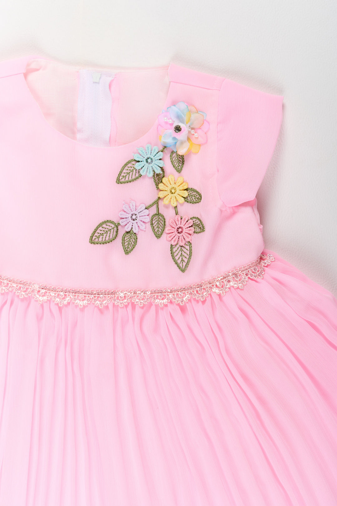 The Nesavu Girls Fancy Party Frock Girls Poly Georgette Party Frock in Baby Pink with Floral Embellishments and Lace Waist Nesavu Girls Poly Georgette Long Party Frock Baby Pink Floral Embellishments | The Nesavu