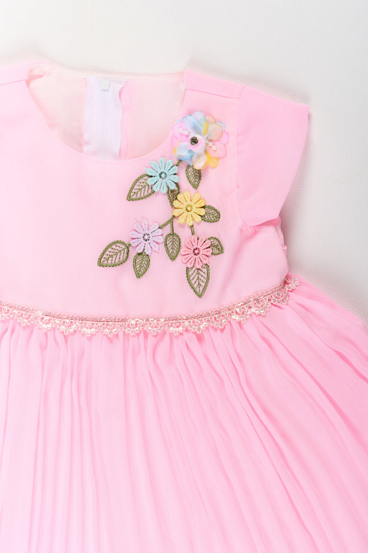 The Nesavu Girls Fancy Party Frock Girls Poly Georgette Party Frock in Baby Pink with Floral Embellishments and Lace Waist Nesavu Girls Poly Georgette Long Party Frock Baby Pink Floral Embellishments | The Nesavu