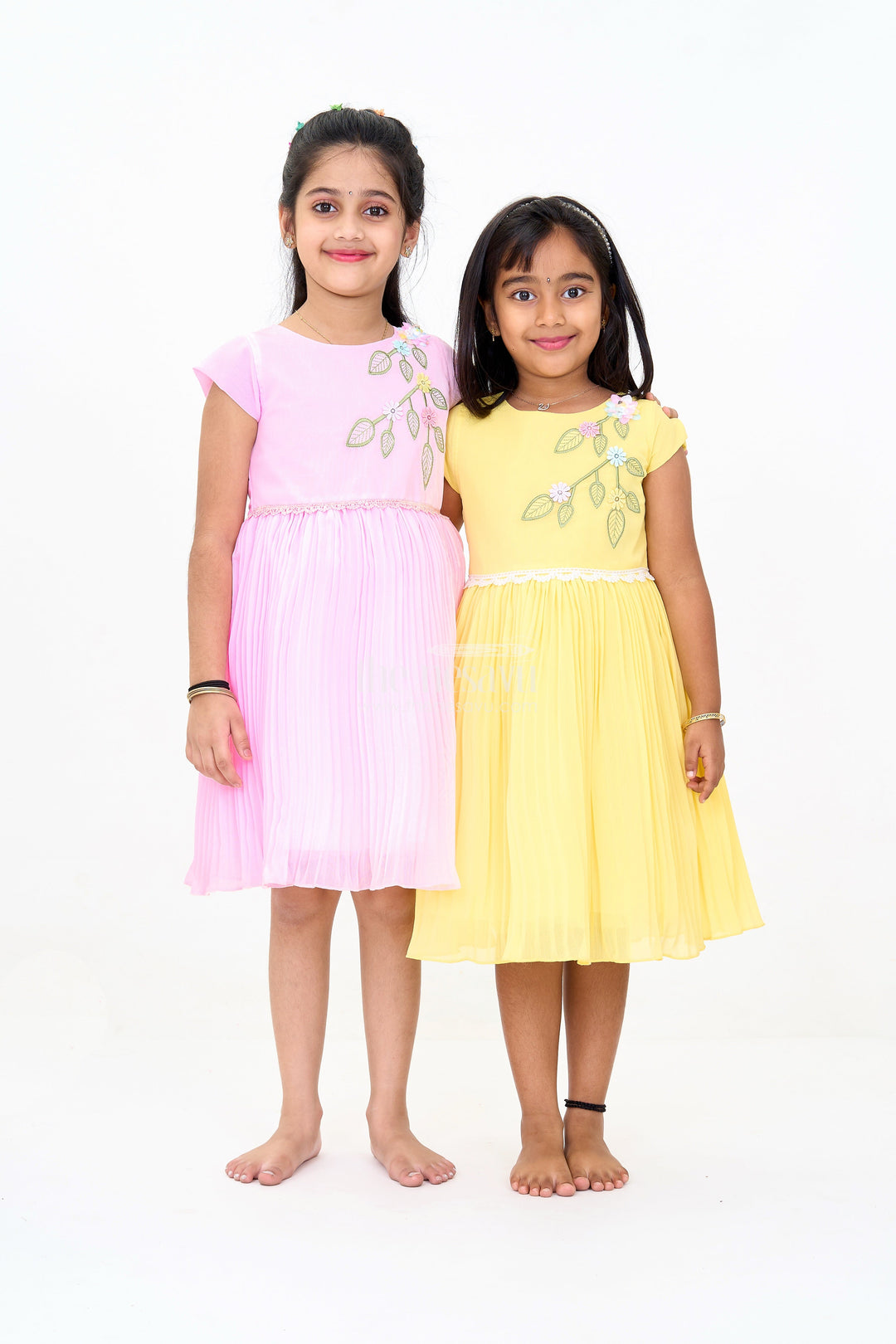 The Nesavu Girls Fancy Party Frock Girls Poly Georgette Party Frock in Baby Pink with Floral Embellishments and Lace Waist Nesavu Girls Poly Georgette Long Party Frock Baby Pink Floral Embellishments | The Nesavu