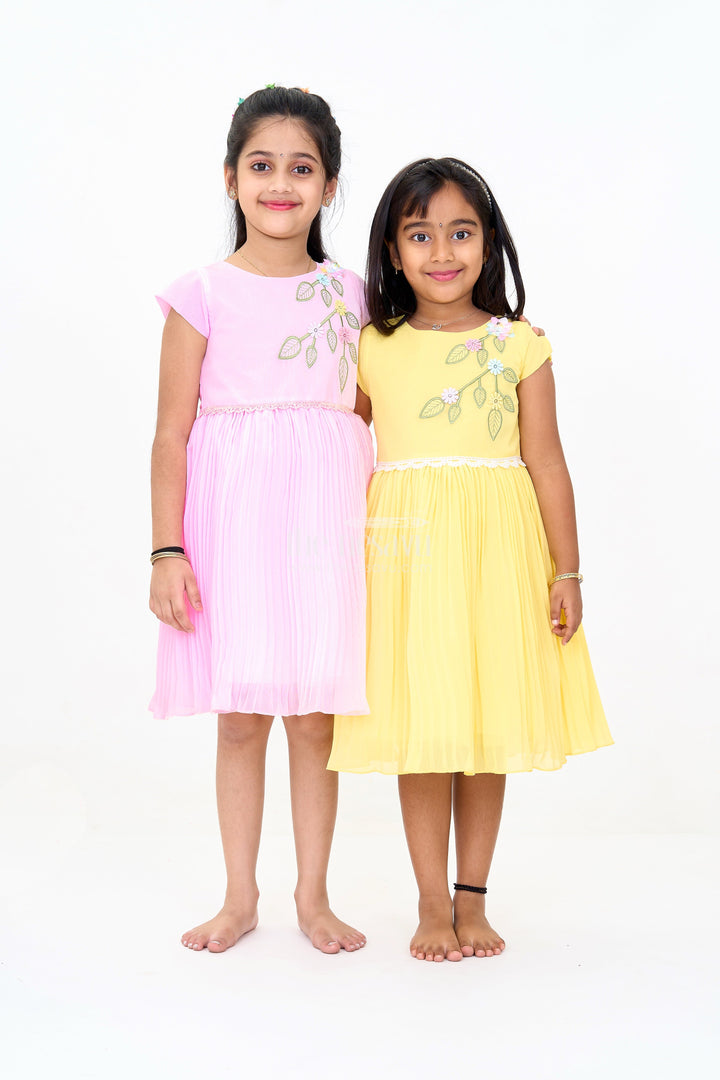 The Nesavu Girls Fancy Party Frock Girls Poly Georgette Party Frock in Baby Pink with Floral Embellishments and Lace Waist Nesavu Girls Poly Georgette Long Party Frock Baby Pink Floral Embellishments | The Nesavu