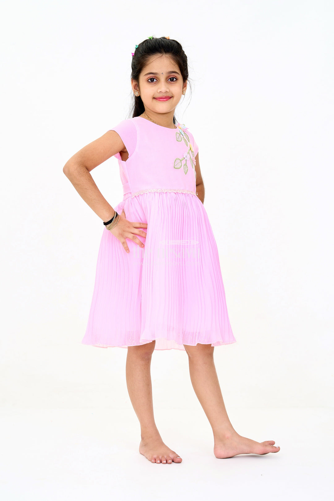 The Nesavu Girls Fancy Party Frock Girls Poly Georgette Party Frock in Baby Pink with Floral Embellishments and Lace Waist Nesavu Girls Poly Georgette Long Party Frock Baby Pink Floral Embellishments | The Nesavu