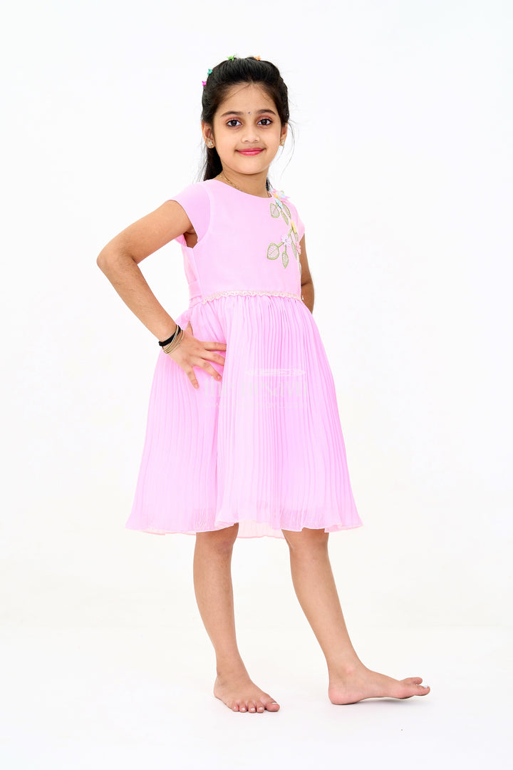 The Nesavu Girls Fancy Party Frock Girls Poly Georgette Party Frock in Baby Pink with Floral Embellishments and Lace Waist Nesavu Girls Poly Georgette Long Party Frock Baby Pink Floral Embellishments | The Nesavu