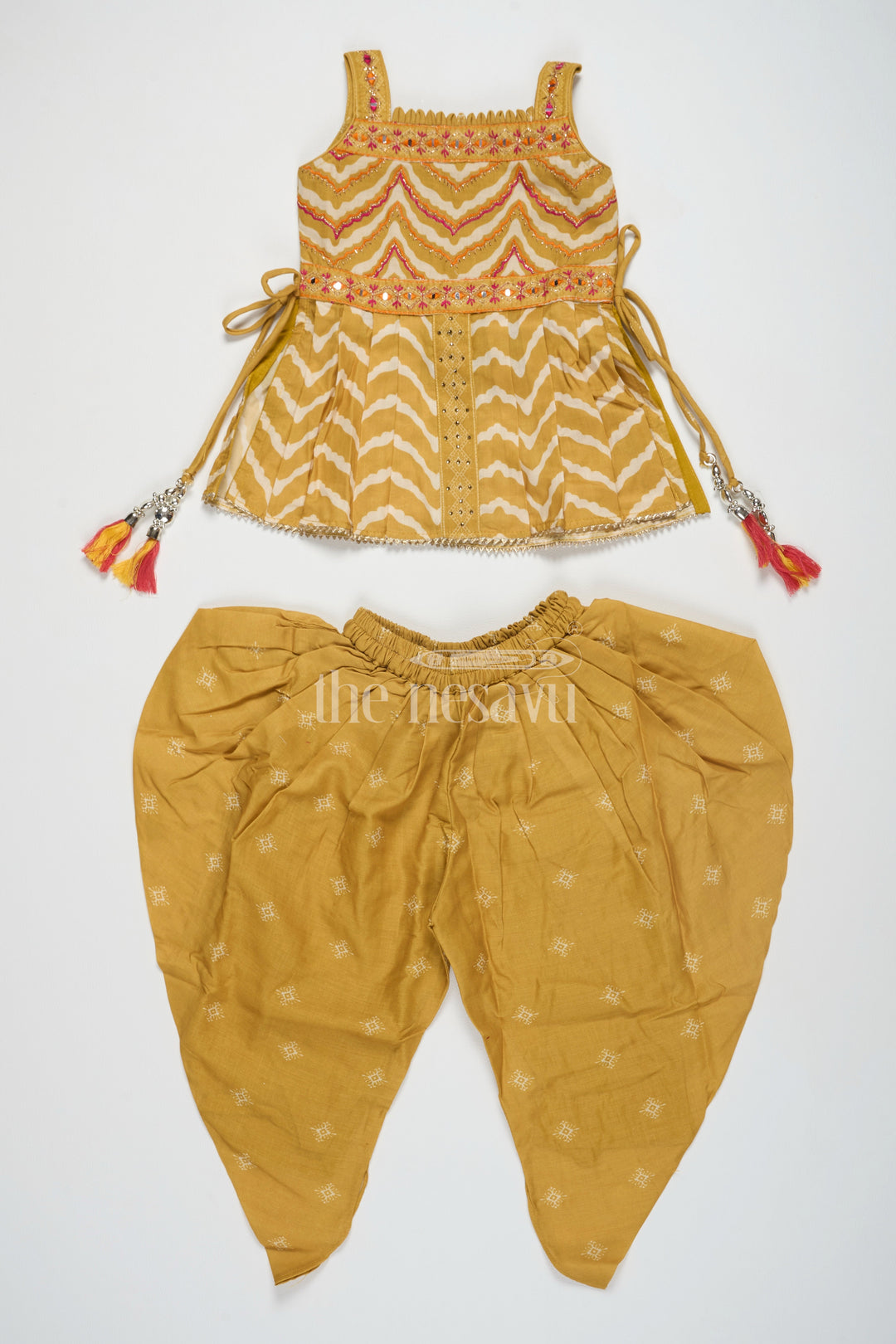 The Nesavu Girls Dothi Sets Girls Poly Silk Dhoti Set Yellow Christmas Dresses Nesavu Nesavu Girls Yellow Poly Silk Dhoti Set Chevron Print Deepavali Dresses