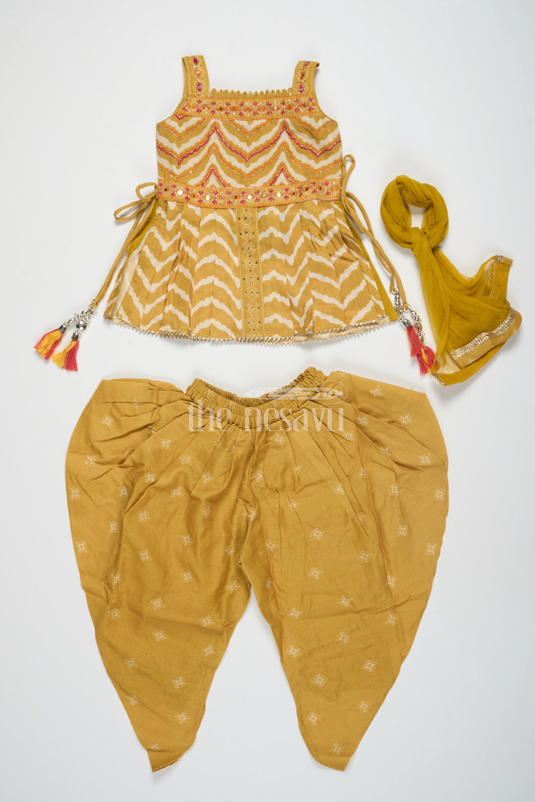 The Nesavu Girls Dothi Sets Girls Poly Silk Dhoti Set Yellow Christmas Dresses Nesavu Nesavu Girls Yellow Poly Silk Dhoti Set Chevron Print Deepavali Dresses