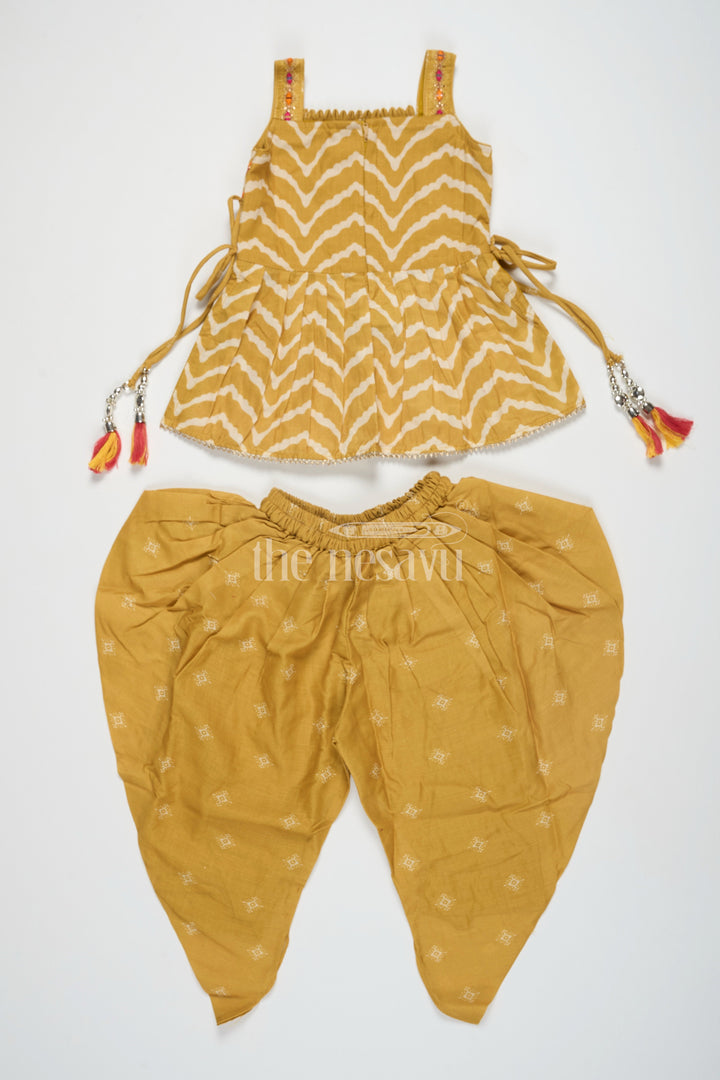 The Nesavu Girls Dothi Sets Girls Poly Silk Dhoti Set Yellow Christmas Dresses Nesavu Nesavu Girls Yellow Poly Silk Dhoti Set Chevron Print Deepavali Dresses