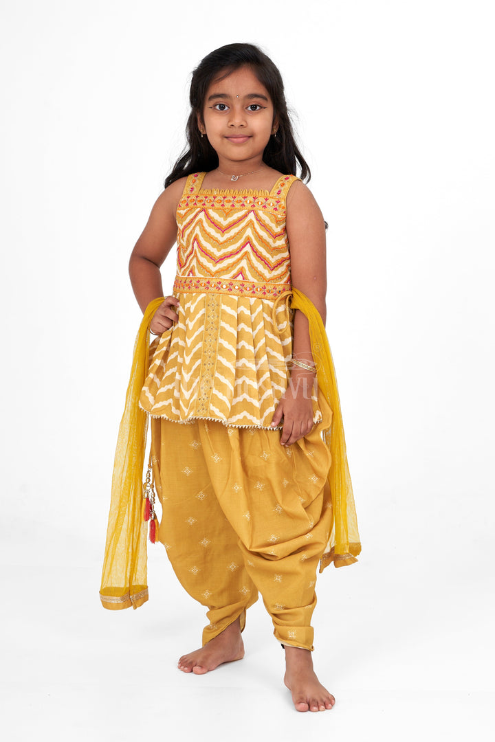 The Nesavu Girls Dothi Sets Girls Poly Silk Dhoti Set Yellow Christmas Dresses Nesavu Nesavu Girls Yellow Poly Silk Dhoti Set Chevron Print Deepavali Dresses