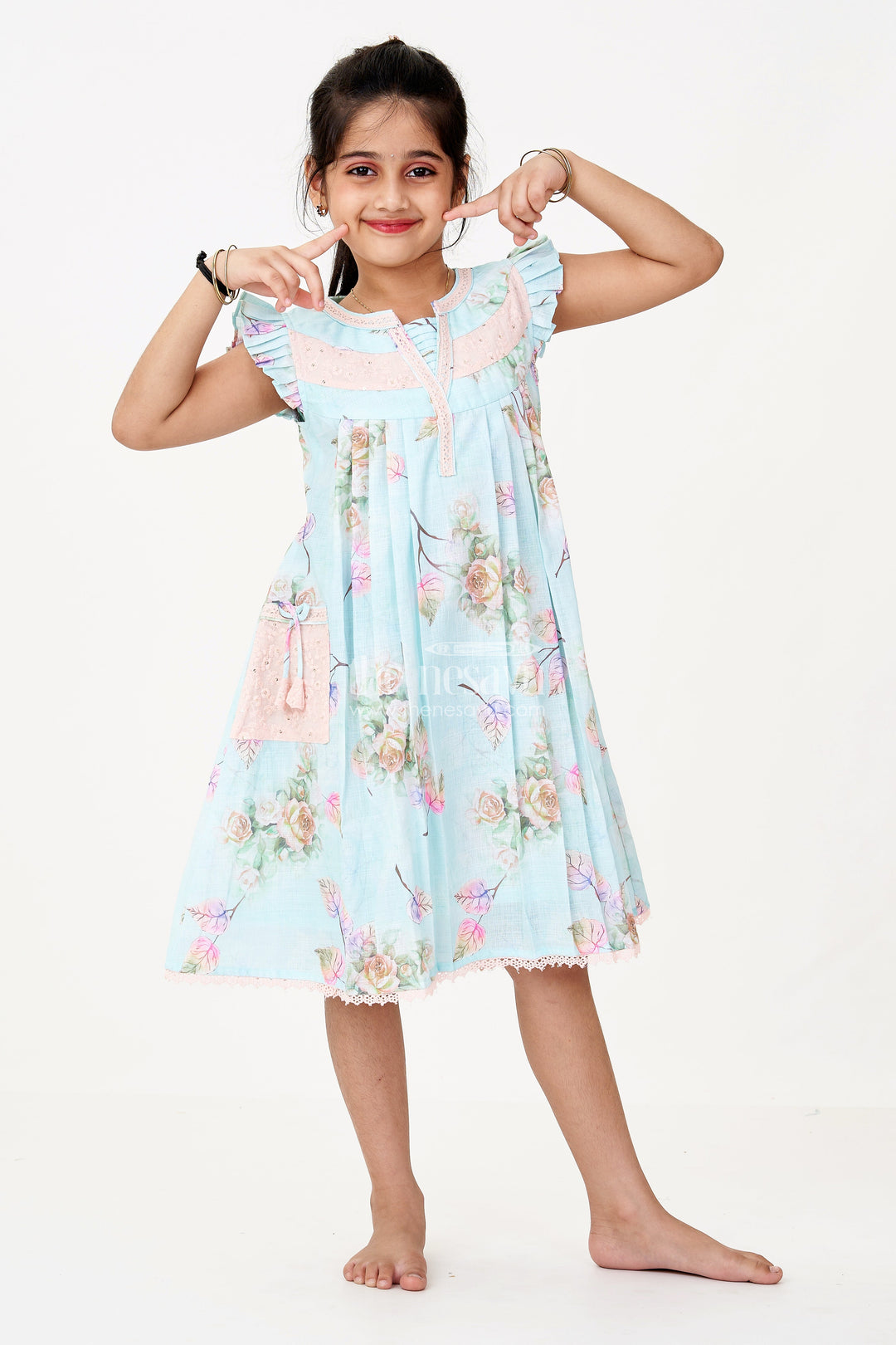 The Nesavu Girls Cotton Frock Girls Princess Cut Frock in Cotton Blend with Floral Print and Lace Pockets Nesavu 22 (4Y) / Blue GFC1634A-22 Nesavu Girls Princess Cut Frock Cotton Blend Floral Print Lace Pockets