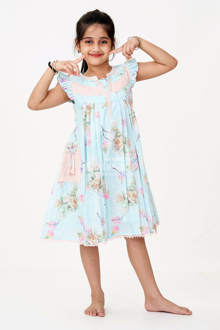 The Nesavu Girls Cotton Frock Girls Princess Cut Frock in Cotton Blend with Floral Print and Lace Pockets Nesavu 22 (4Y) / Blue GFC1634A-22 Nesavu Girls Princess Cut Frock Cotton Blend Floral Print Lace Pockets