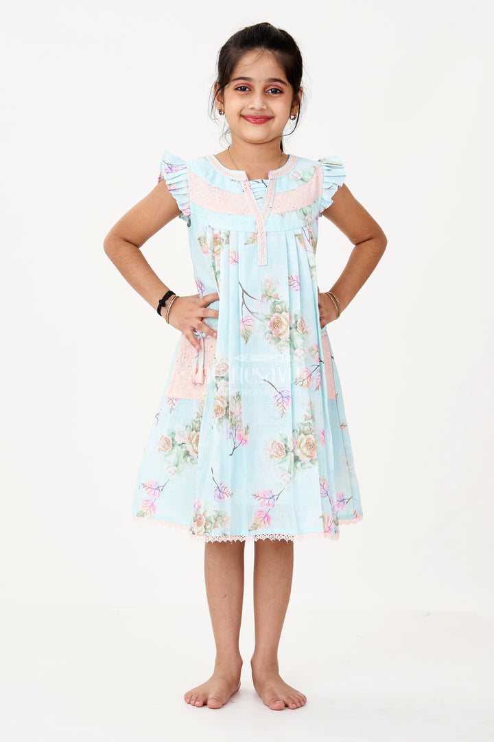 The Nesavu Girls Cotton Frock Girls Princess Cut Frock in Cotton Blend with Floral Print and Lace Pockets Nesavu Nesavu Girls Princess Cut Frock Cotton Blend Floral Print Lace Pockets