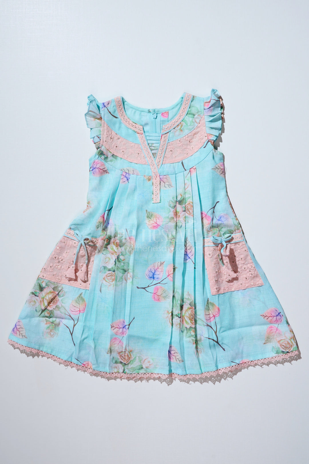 The Nesavu Girls Cotton Frock Girls Princess Cut Frock in Cotton Blend with Floral Print and Lace Pockets Nesavu Nesavu Girls Princess Cut Frock Cotton Blend Floral Print Lace Pockets