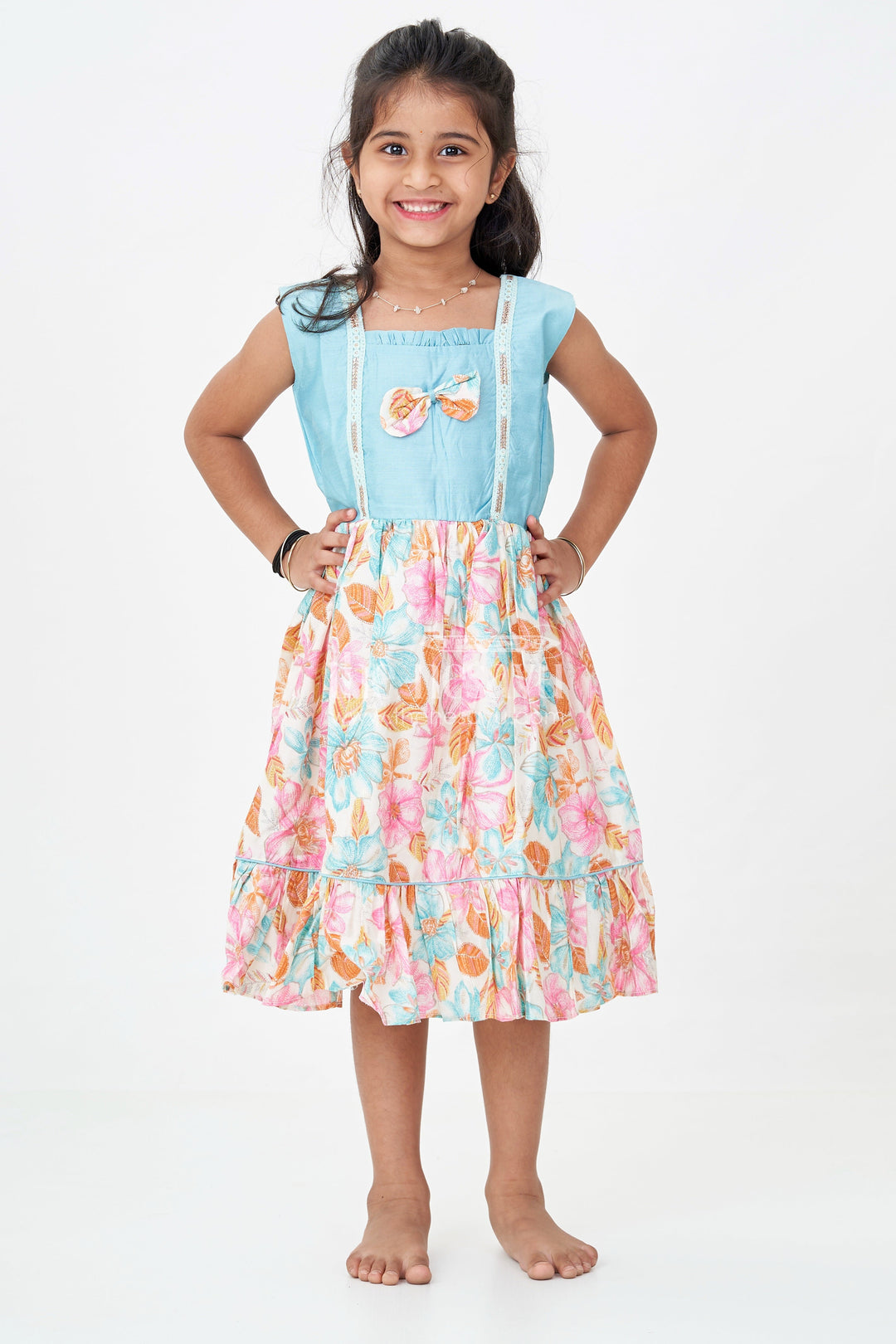 The Nesavu Girls Chanderi Frock Girls Printed Chanderi Frock with Bow and Floral Print for Playful and Stylish Short Frock Design Nesavu Girls Stylish Short Frock Design Printed Chanderi Floral Skirt Bow Accent | The Nesavu