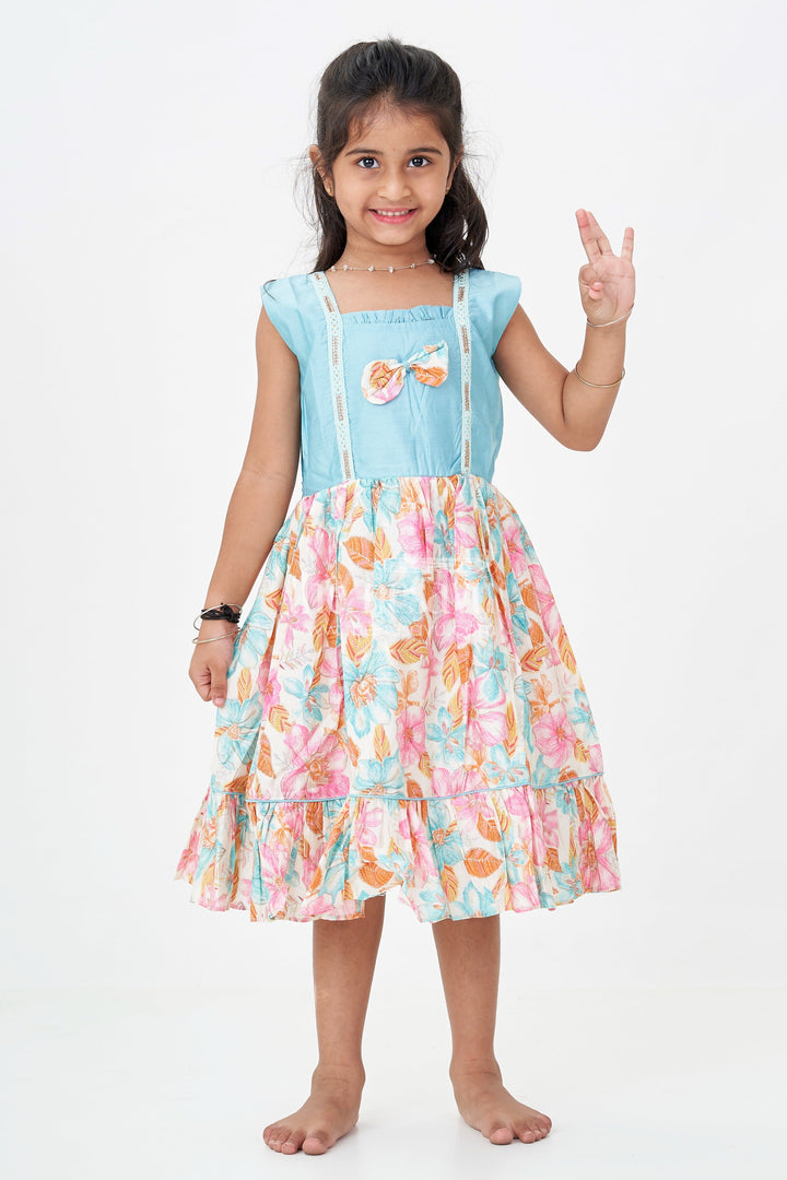 The Nesavu Girls Chanderi Frock Girls Printed Chanderi Frock with Bow and Floral Print for Playful and Stylish Short Frock Design Nesavu Girls Stylish Short Frock Design Printed Chanderi Floral Skirt Bow Accent | The Nesavu