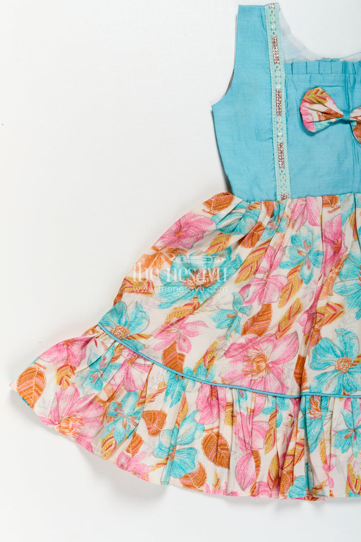 The Nesavu Girls Chanderi Frock Girls Printed Chanderi Frock with Bow and Floral Print for Playful and Stylish Short Frock Design Nesavu Girls Stylish Short Frock Design Printed Chanderi Floral Skirt Bow Accent | The Nesavu
