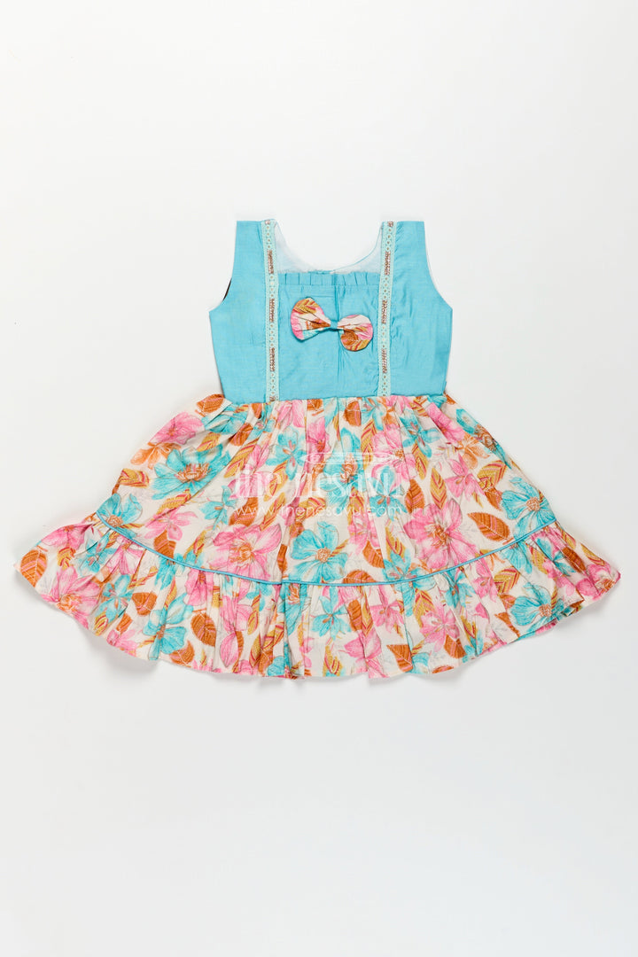 The Nesavu Girls Chanderi Frock Girls Printed Chanderi Frock with Bow and Floral Print for Playful and Stylish Short Frock Design Nesavu Girls Stylish Short Frock Design Printed Chanderi Floral Skirt Bow Accent | The Nesavu