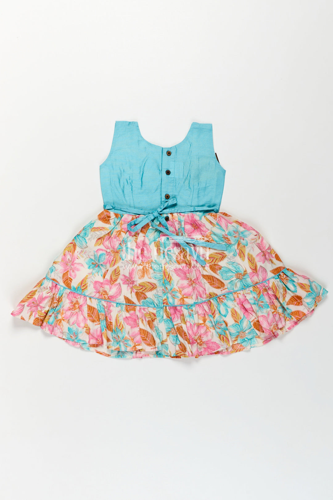 The Nesavu Girls Chanderi Frock Girls Printed Chanderi Frock with Bow and Floral Print for Playful and Stylish Short Frock Design Nesavu Girls Stylish Short Frock Design Printed Chanderi Floral Skirt Bow Accent | The Nesavu