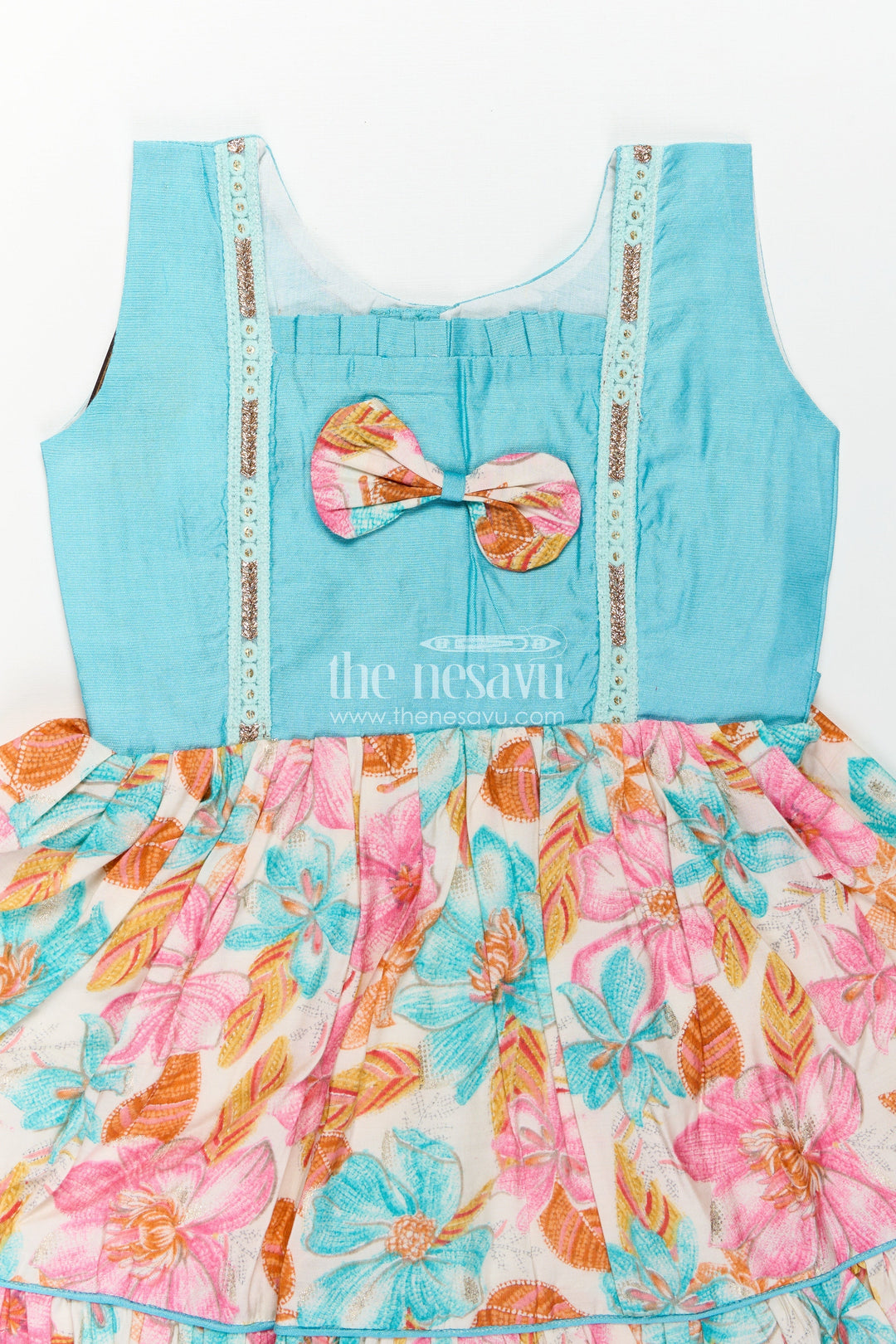 The Nesavu Girls Chanderi Frock Girls Printed Chanderi Frock with Bow and Floral Print for Playful and Stylish Short Frock Design Nesavu Girls Stylish Short Frock Design Printed Chanderi Floral Skirt Bow Accent | The Nesavu