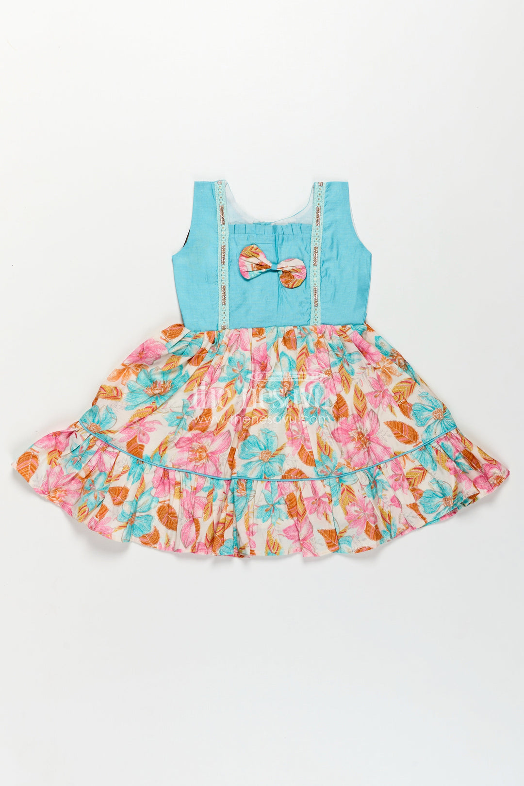 The Nesavu Girls Chanderi Frock Girls Printed Chanderi Frock with Bow and Floral Print for Playful and Stylish Short Frock Design Nesavu Girls Stylish Short Frock Design Printed Chanderi Floral Skirt Bow Accent | The Nesavu