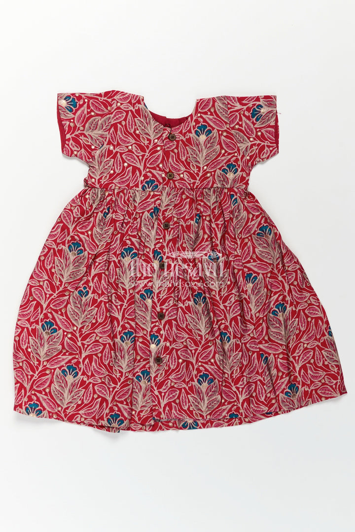 The Nesavu Girls Chanderi Frock Girls Printed Chanderi Frock with Frill Inspired Styling and Traditional Leafy Motif Print Nesavu 18 (2Y) / Red GFC1728B-18 Traditional Girls Printed Chanderi Frock Frill Styling Bright Festive Patterns | The Nesavu