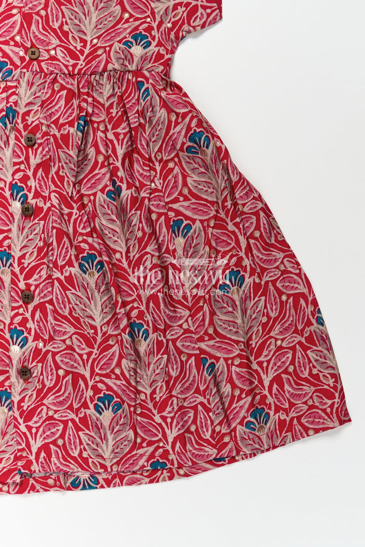The Nesavu Girls Chanderi Frock Girls Printed Chanderi Frock with Frill Inspired Styling and Traditional Leafy Motif Print Nesavu Traditional Girls Printed Chanderi Frock Frill Styling Bright Festive Patterns | The Nesavu